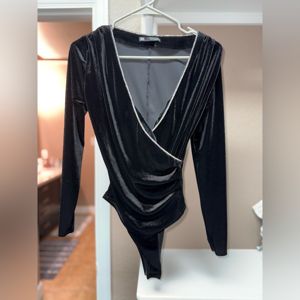 Zara Black Wrap Bodysuit with Long Sleeves